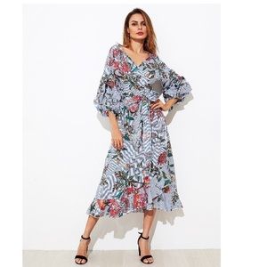 Mixed print gathered wrap dress